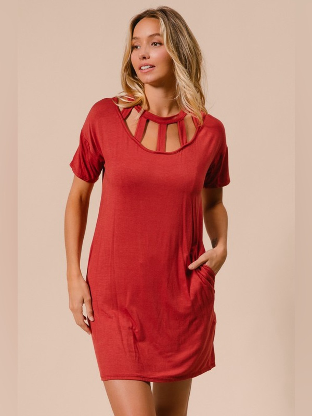 BiBi Front Cutout Mini Tee Dress with Pockets
